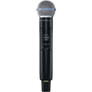 Wireless microphone with digital display and grille.