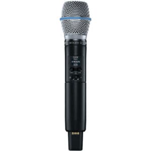 Wireless handheld microphone with digital display.