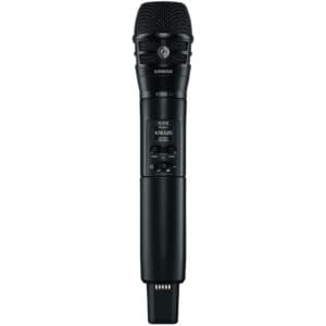 Black wireless microphone with digital display.