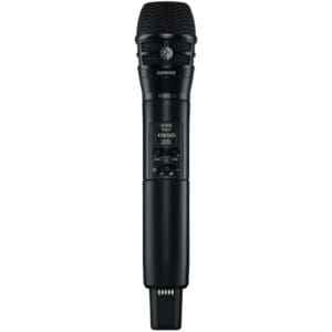 Black wireless handheld microphone with display screen.