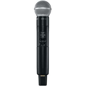 Black wireless microphone with digital display.