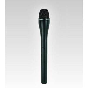 Black handheld microphone on white background.