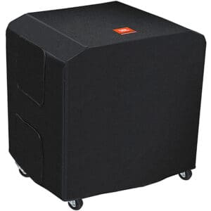 Black speaker cover on wheels, JBL logo.