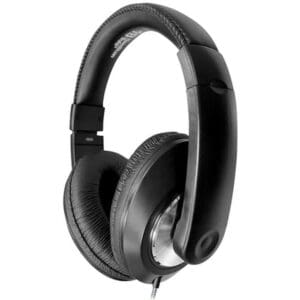 Black over-ear wired headphones on white background.