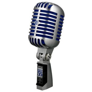 Retro-style silver and blue microphone.