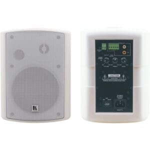 White speaker with control panel on back.