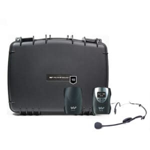 Wireless audio system with case and headset.