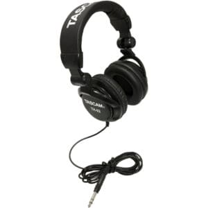 Black over-ear headphones with coiled cable.