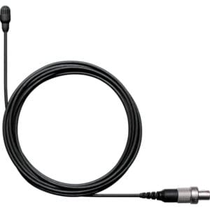 Black lavalier microphone with coiled cable.