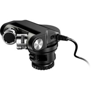 Compact black external microphone with cable.