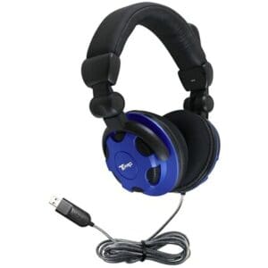Blue USB over-ear headphones with cable.