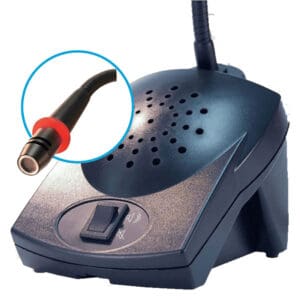 Microphone with close-up of connector plug.