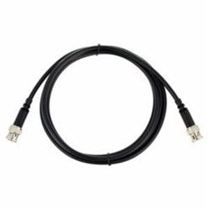 Black coaxial cable with connectors, coiled.