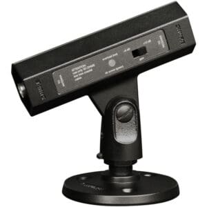 Black microphone preamp with adjustable stand.