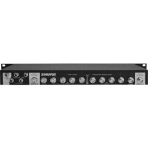Audio equipment rack mount with multiple inputs.
