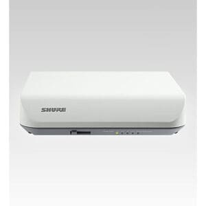 White Shure electronic device on gray background.