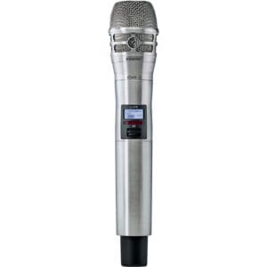 Silver wireless microphone with digital display.