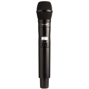 Black wireless microphone with digital display.