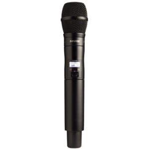 Black wireless microphone with digital display screen.