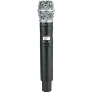 Black and silver handheld wireless microphone.