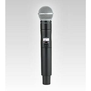 Black wireless microphone on gray background.
