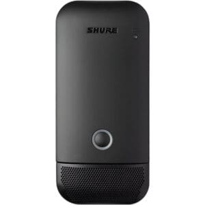 Black Shure microphone with circular button.