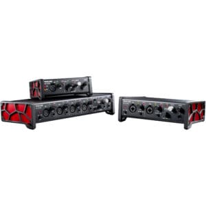 Audio interfaces with red accents on display.