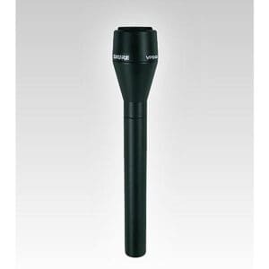 Black handheld microphone with silver band.