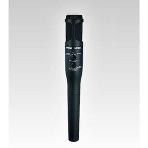 Black handheld microphone against a plain background.