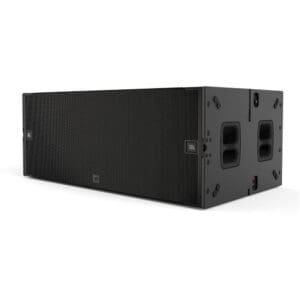 Black professional audio speaker on white background.