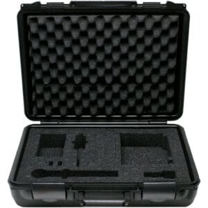 Open black protective foam equipment case.