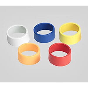 Five colorful plastic rings on gray background.