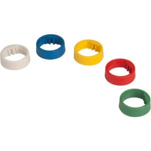 Colorful plastic rings arranged in a row.