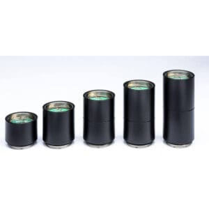 Five black cylindrical camera lenses, varying sizes.