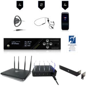 Audio equipment set with accessories and router.