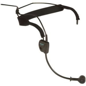 Black wireless headset microphone with headband.
