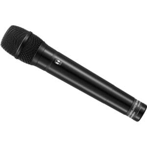 Black wireless handheld microphone on white background.