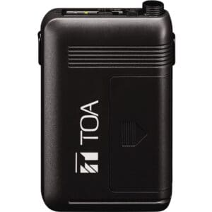 Black wireless microphone bodypack with logo.