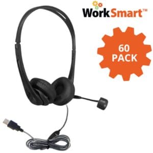 USB headset, microphone, 60-pack, WorkSmart branding.