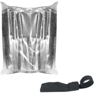 Plastic packaging with black handles inside.