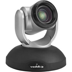 Silver and black video conference camera.