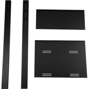 Black metal shelf parts laid out.