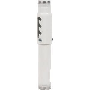 White adjustable pipe with threaded ends.