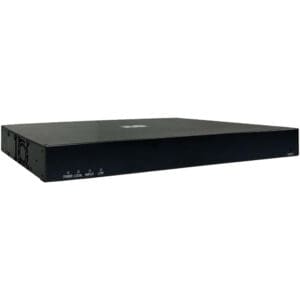 Black network switch with indicator lights.