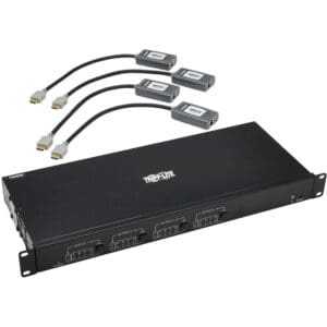 Rack-mounted device with connected HDMI cables.