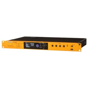 Audio interface with yellow front panel.