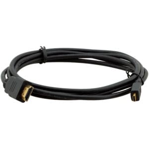 Black HDMI to mini-HDMI cable coiled.