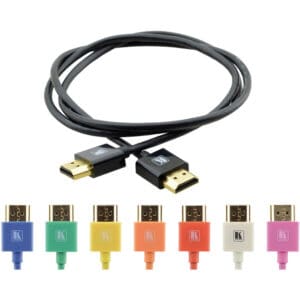HDMI cable with colorful connectors displayed below.