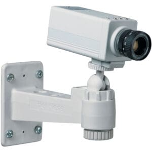 Wall-mounted surveillance camera on adjustable bracket.