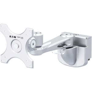Monitor mount with adjustable arm, silver finish.